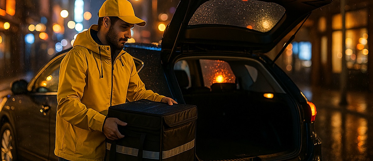 Șofer de food delivery la mașină — fotografie realistă, fără branduri