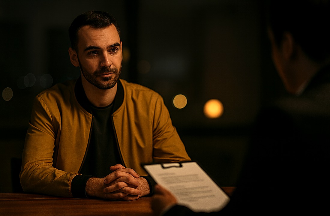 Interviu/angajare — fotografie realistă, pe modul dark